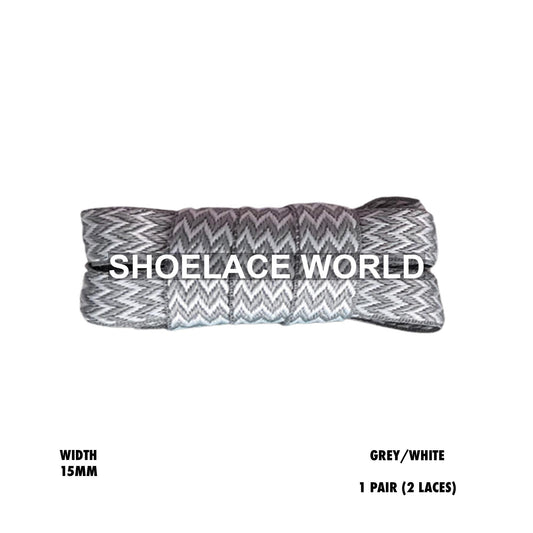 Grey / White W-Threaded Pattern Premium Double Layer Flat Shoelaces 15mm Colorful Pattern Laces Ships Out From The USA Next Day