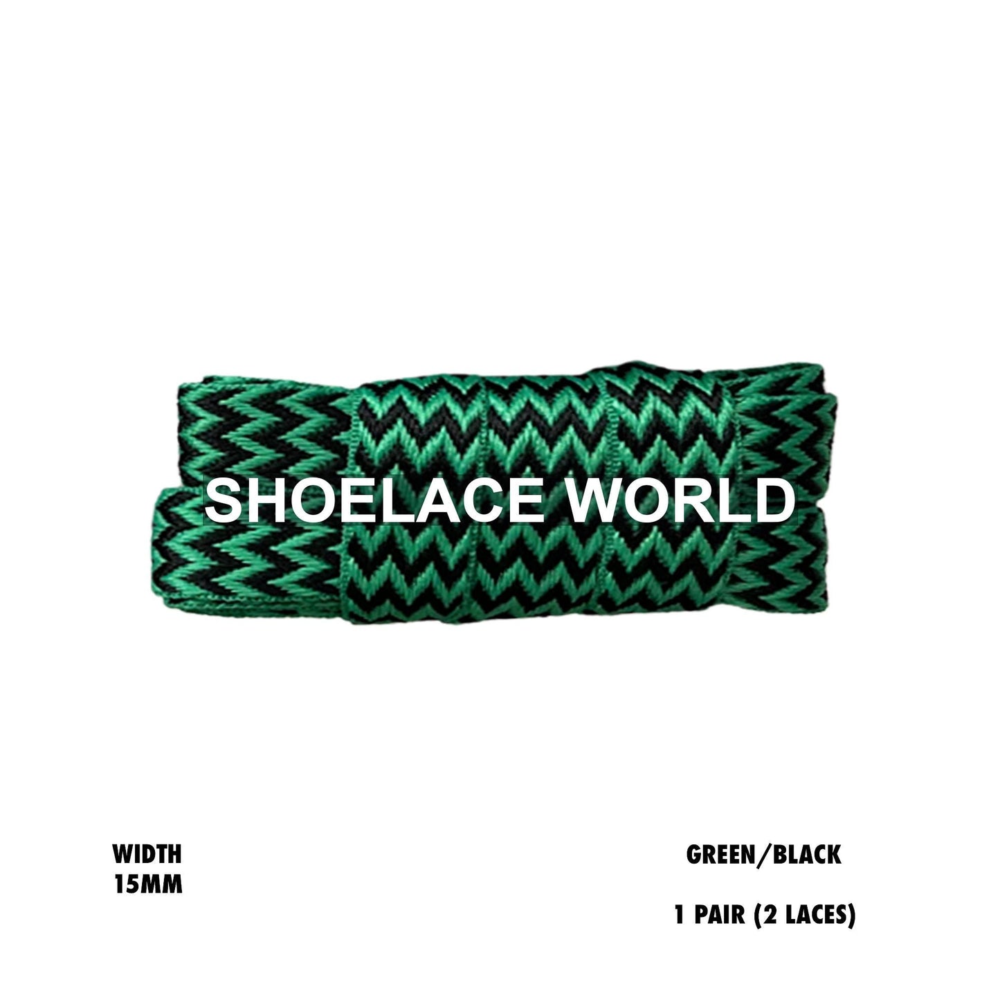 Green / Black W-Threaded Pattern Premium Double Layer Flat Shoelaces 15mm Colorful Pattern Laces Ships Out From The USA Next Day