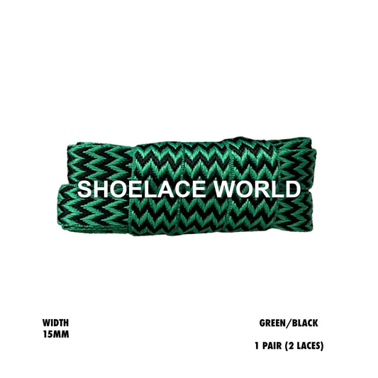 Green / Black W-Threaded Pattern Premium Double Layer Flat Shoelaces 15mm Colorful Pattern Laces Ships Out From The USA Next Day
