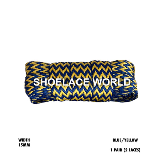 Blue / Yellow W-Threaded Pattern Premium Double Layer Flat Shoelaces 15mm Colorful Pattern Laces Ships Out From The USA Next Day