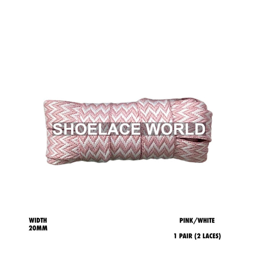 Pink / White W-Threaded Pattern Premium Double Layer Flat Shoelaces 20mm Colorful Pattern Laces Ships Out From The USA Next Day