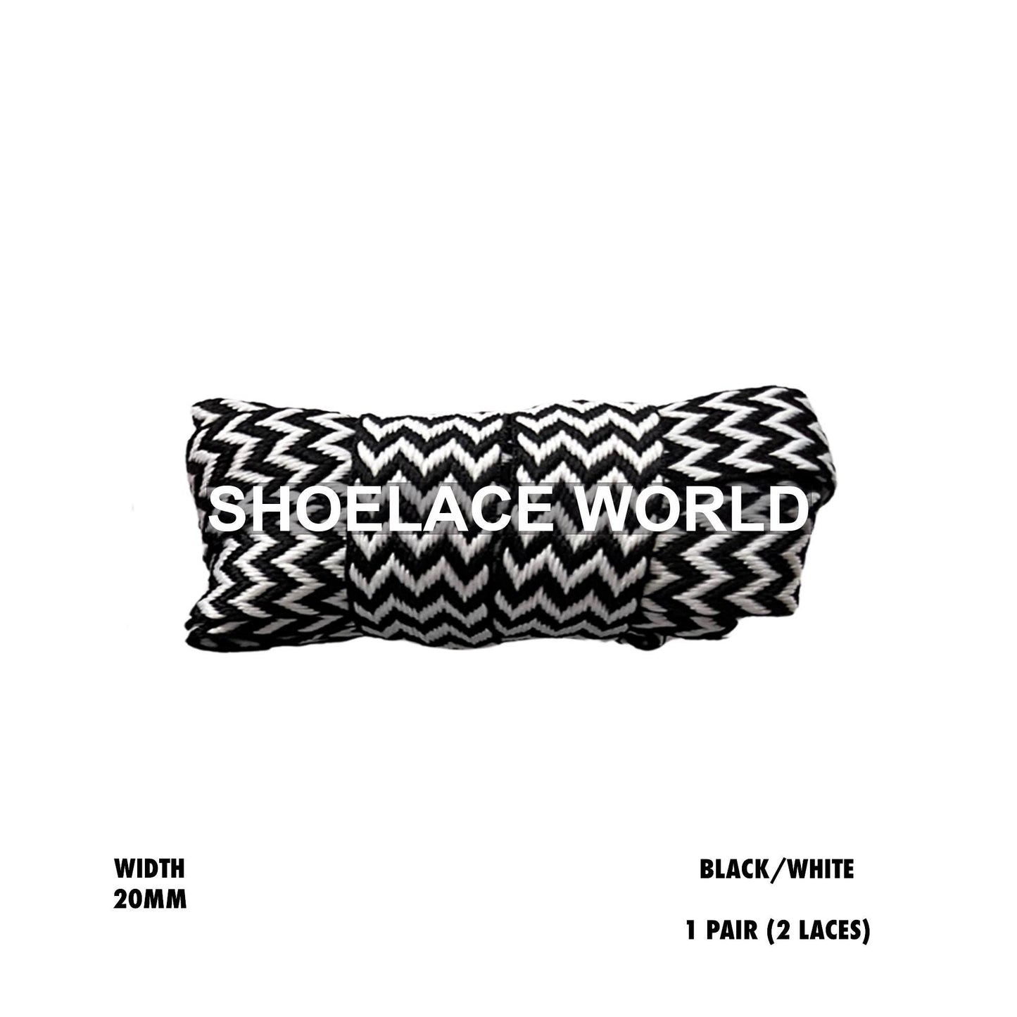Black / White W-Threaded Pattern Premium Double Layer Flat Shoelaces 20mm Colorful Pattern Laces Ships Out From The USA Next Day