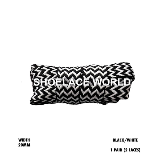 Black / White W-Threaded Pattern Premium Double Layer Flat Shoelaces 20mm Colorful Pattern Laces Ships Out From The USA Next Day