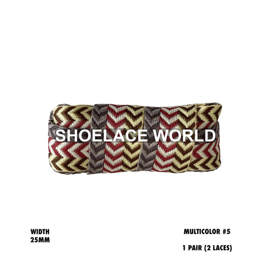 Multicolor #5 W-Threaded Pattern Wide Flat Shoelaces 25mm Colorful Laces Ships Out From The USA Next Day