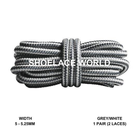 Grey / White Round Work Boots Shoelaces 5-5.25mm Classic Colorful Boot Laces Ships Out From The USA Next Day